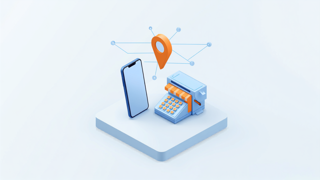 スマートフォンと店舗、地図ピンがネットワークでつながるアイソメトリックイラスト