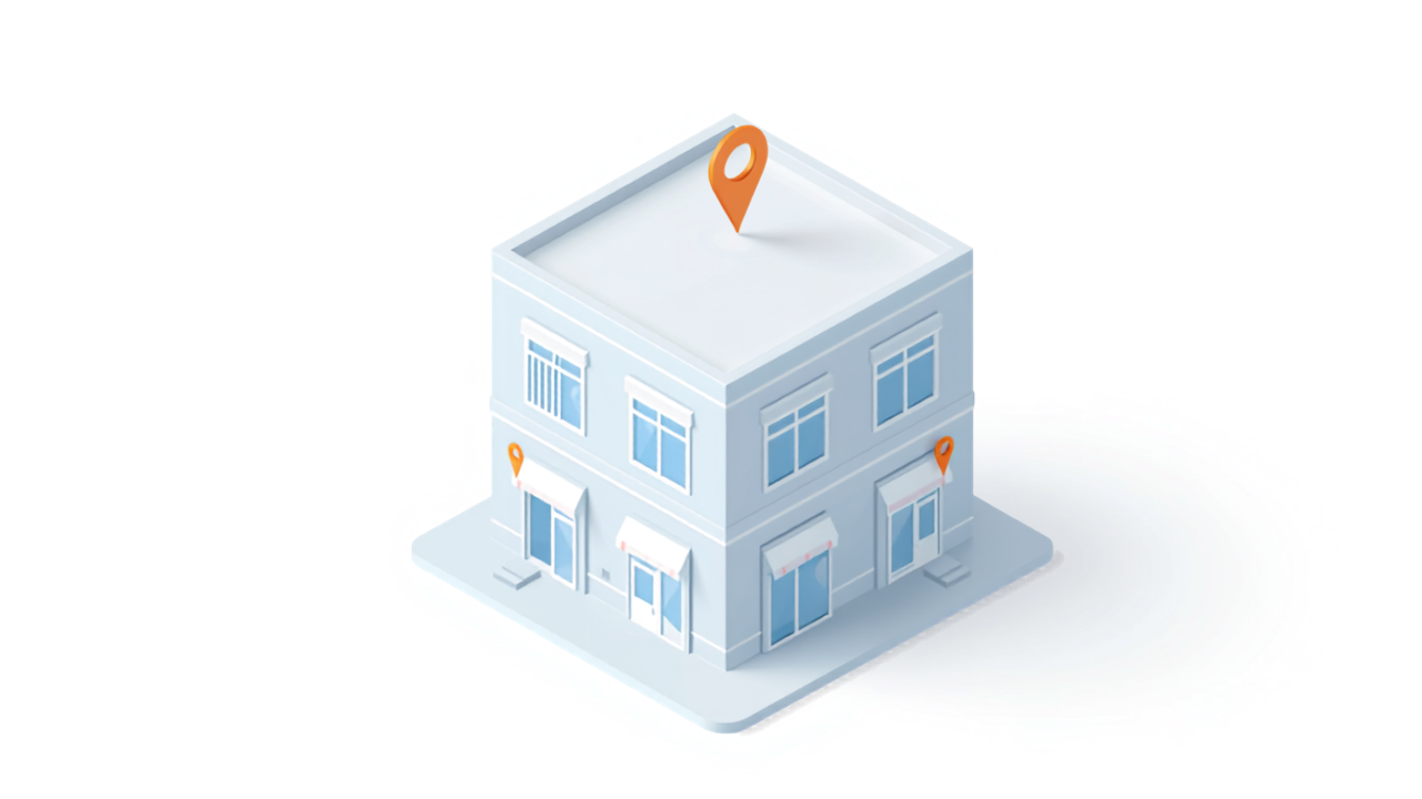 建物の各入口にそれぞれ地図ピンが立っているイラスト