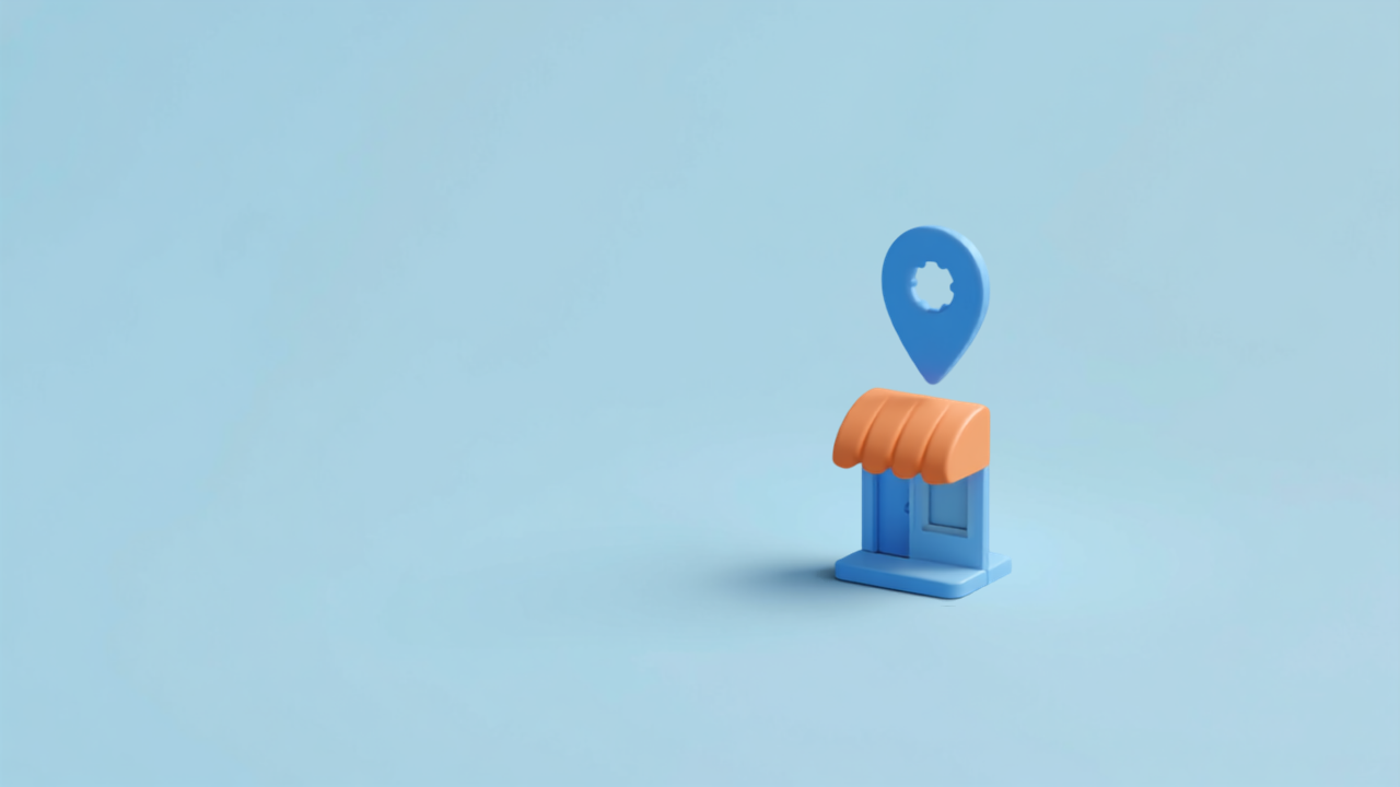 オレンジ色の日よけがある小さな店舗と地図ピンのイラスト