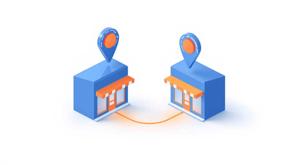 2店舗目のGoogleビジネスプロフィール開設を表すアイソメトリックイラスト