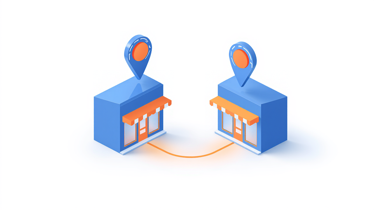 2店舗目のGoogleビジネスプロフィール開設を表すアイソメトリックイラスト