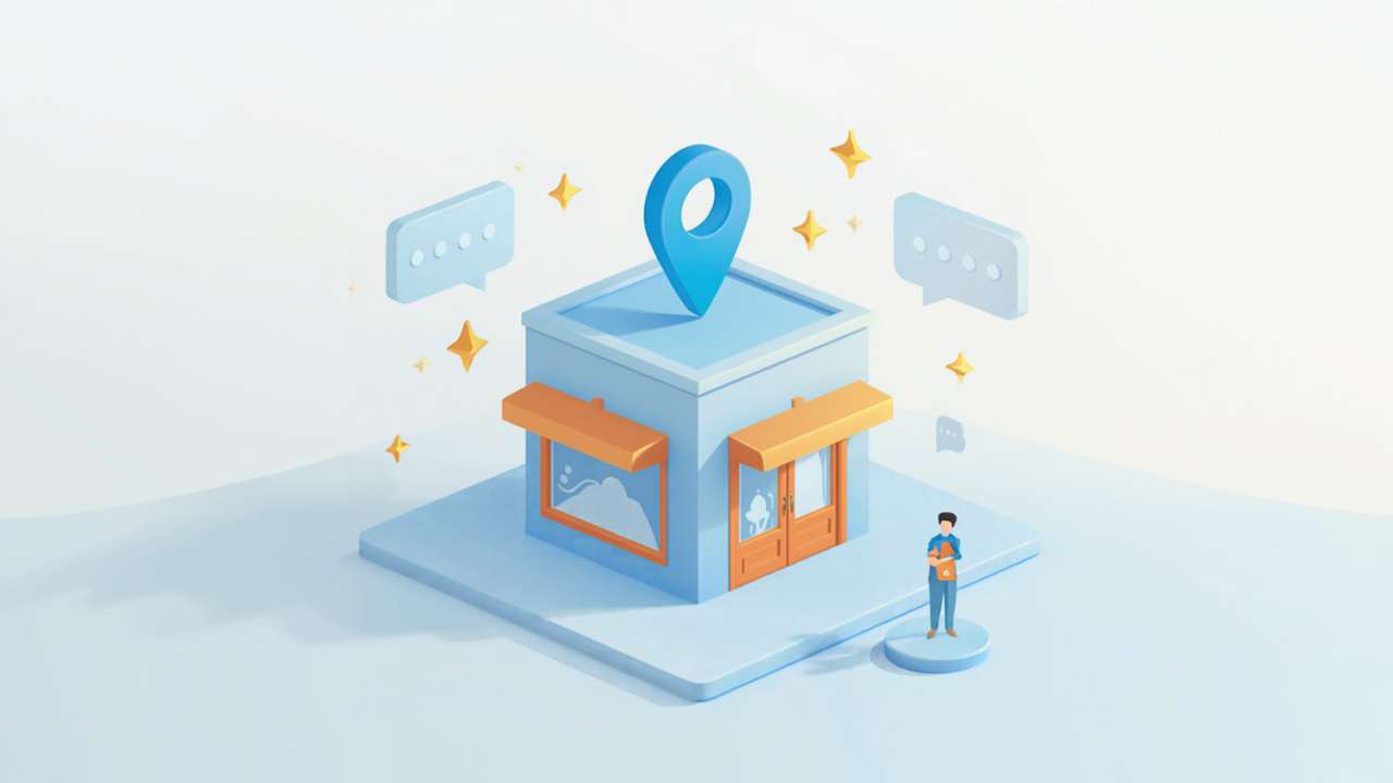 地図ピンと吹き出しが浮かぶ店舗と利用者が並ぶ、ローカルガイドの仕組みのイメージイラスト
