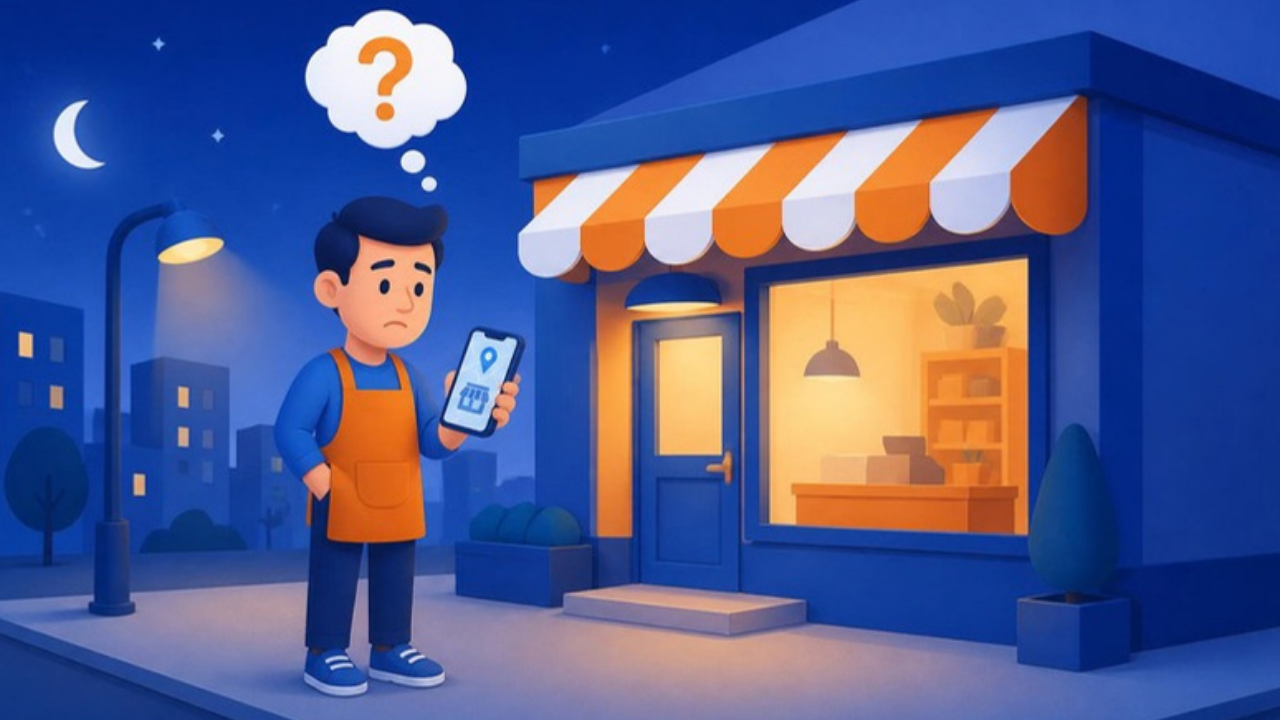 深夜の店舗とスマートフォンの地図アイコンのイラスト