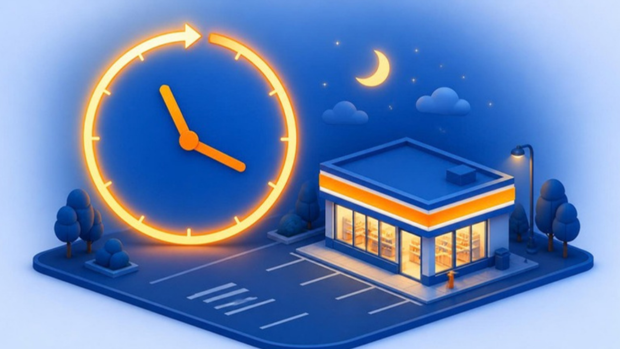 24時間を表す時計とコンビニのようなお店のイラスト