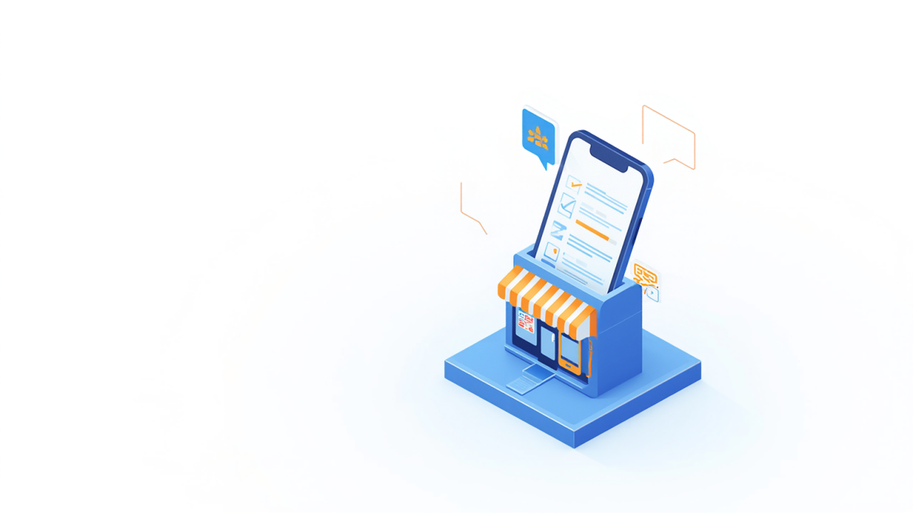 チェックリストとQRコードが表示されたスマートフォンと店舗が並ぶ、口コミ導線のイメージイラスト