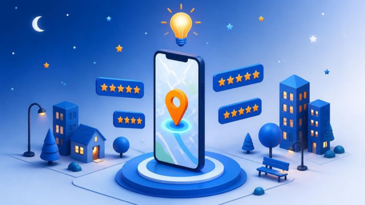 スマートフォンと地図ピン、星の評価アイコンのイラスト