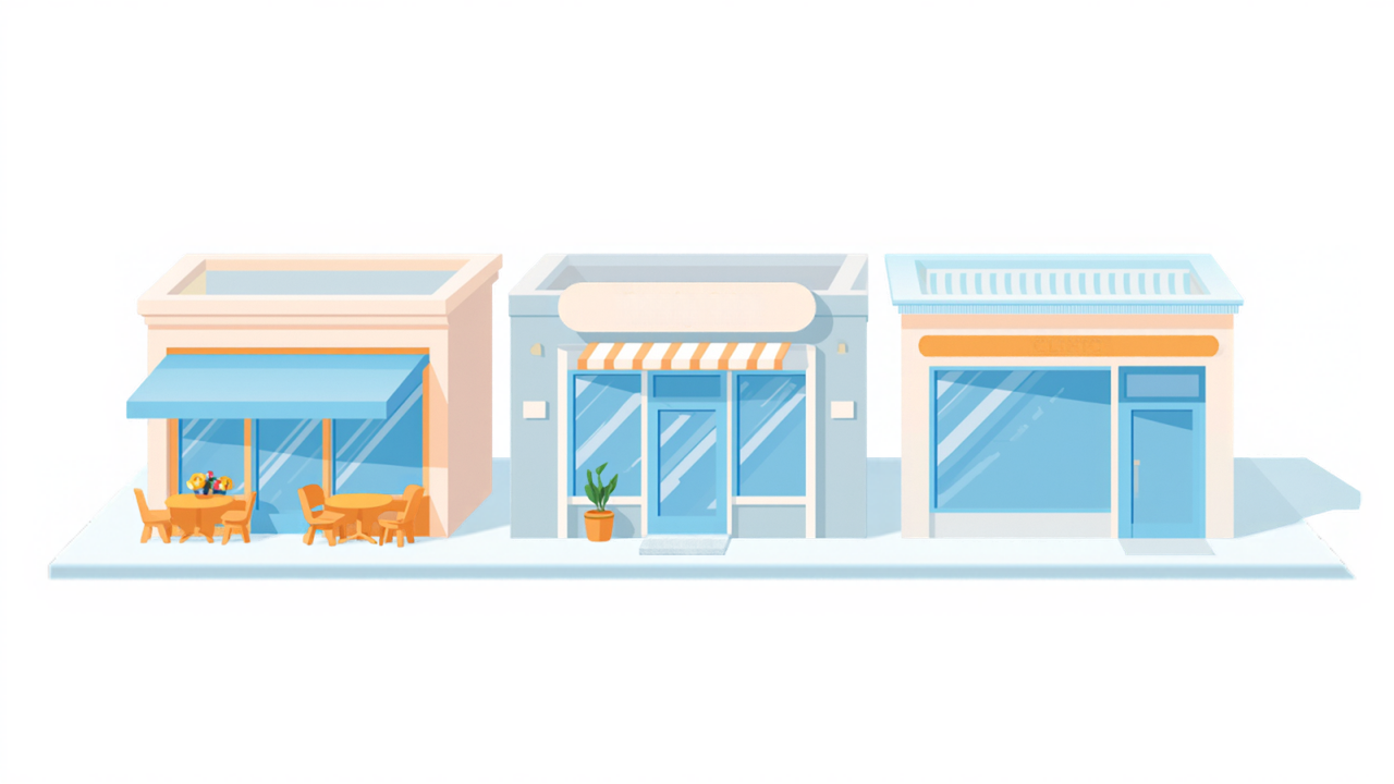 カフェ・美容室・クリニックなど複数の業種の店舗が並ぶイメージのイラスト