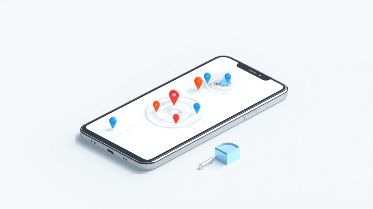 スマートフォンの地図上に複数の店舗ピンが表示されているイメージ
