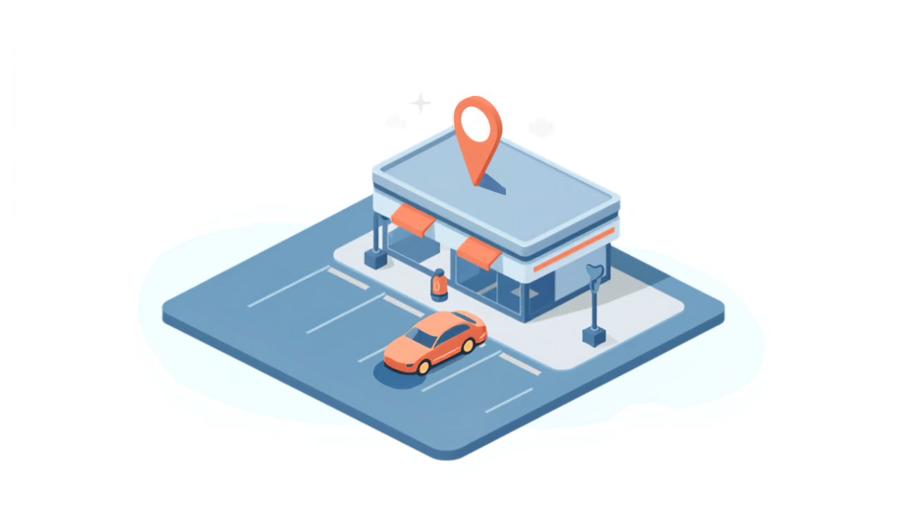 ロードサイド店舗の駐車場と車を表すアイソメトリックイラスト