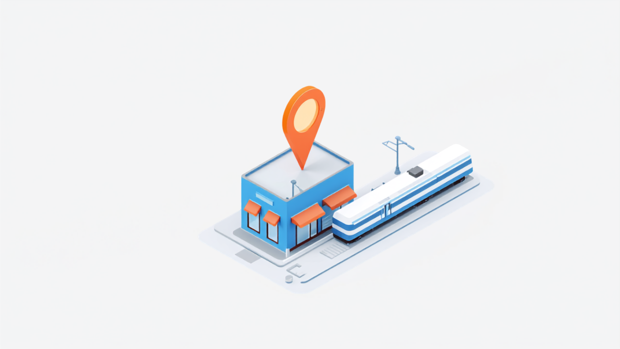 駅前立地の店舗と電車、Googleマップのピンを表すアイソメトリックイラスト