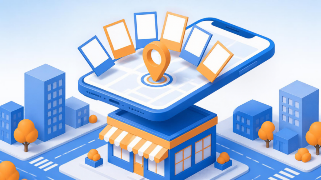 スマホでGoogleマップの写真を見て来店を検討する店舗集客のイメージ