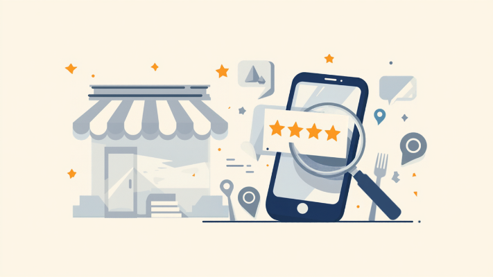 店舗とスマートフォンの検索画面を並べたイラスト