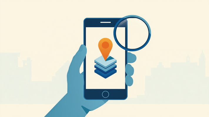 スマートフォンの地図データを虫眼鏡で分析するイラスト