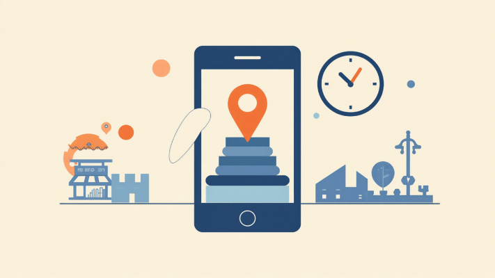 街並みとスマートフォンの地図ピンを表したイラスト