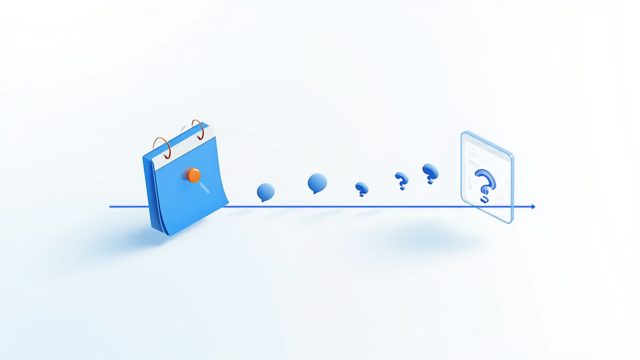 時間の流れの上にカレンダーと吹き出し、ウェブページが並ぶ、FAQマークアップの見直しのイメージイラスト