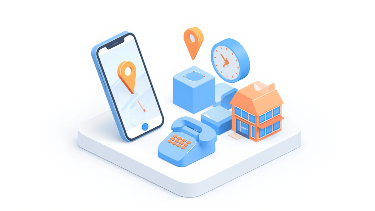 電話機、時計、地図ピン付きスマートフォン、ショップが並ぶ連絡手段のイメージイラスト