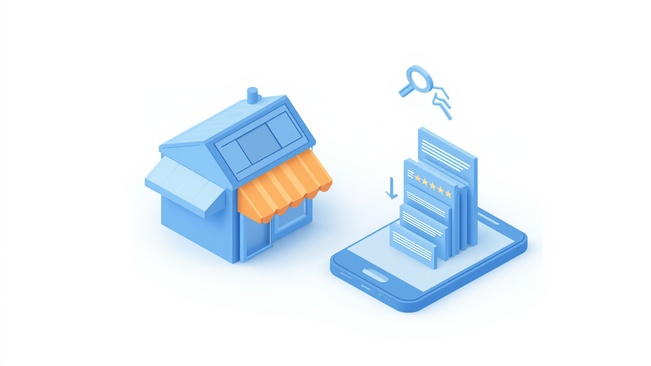 口コミの一覧を並べ替えるスマートフォンと店舗のイメージイラスト