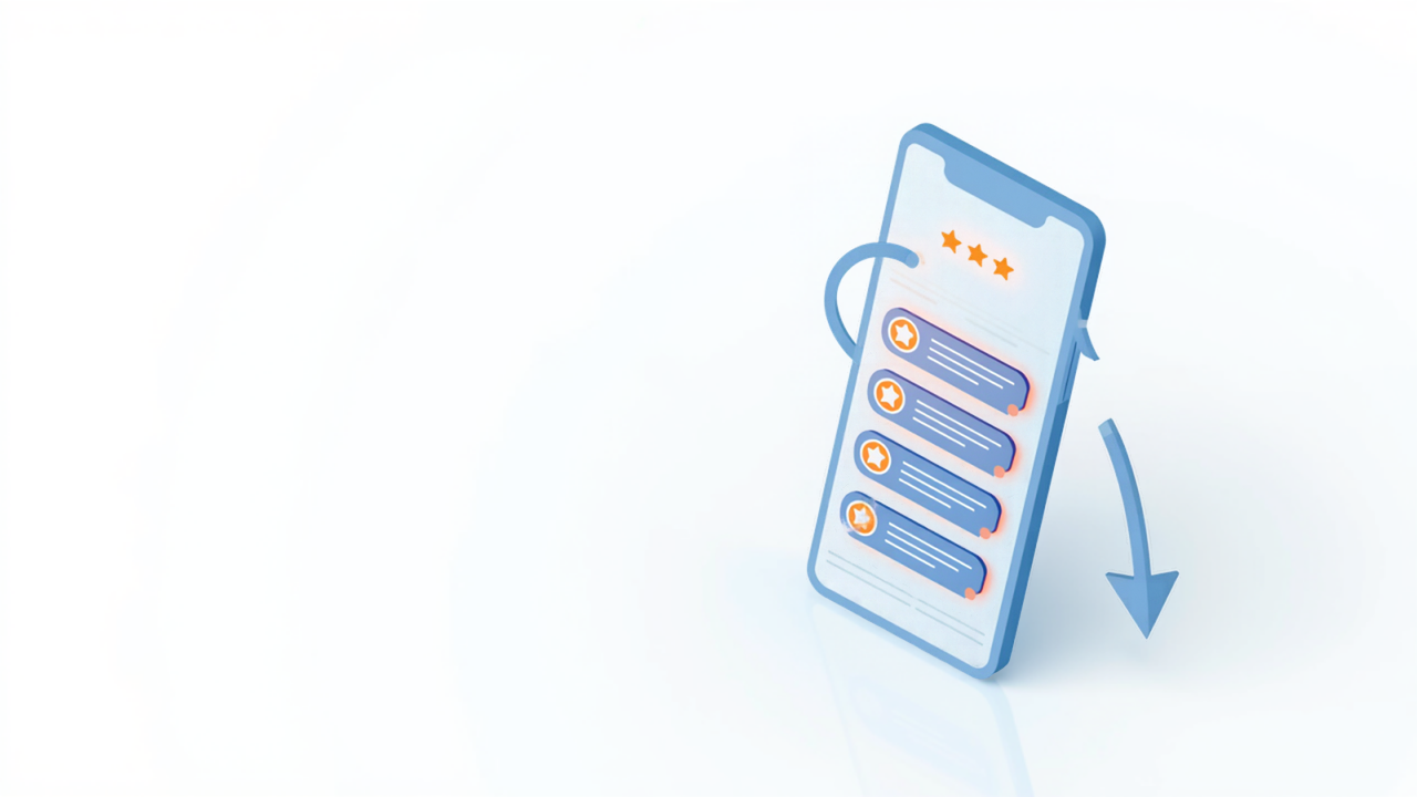 口コミカードが並ぶスマートフォンと矢印の、関連性順表示のイメージイラスト