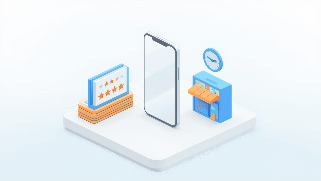 星の評価カードとスマートフォンと店舗が並ぶ、評価順表示のイメージイラスト