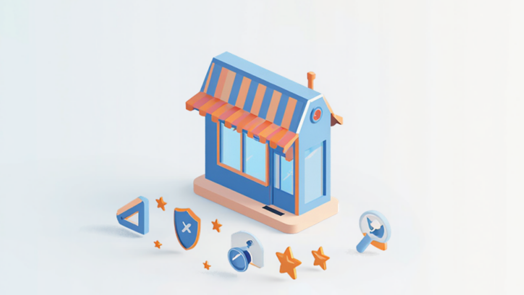 クチコミの審査を表す盾と星の評価アイコン、店舗が並ぶアイソメトリックのイメージイラスト
