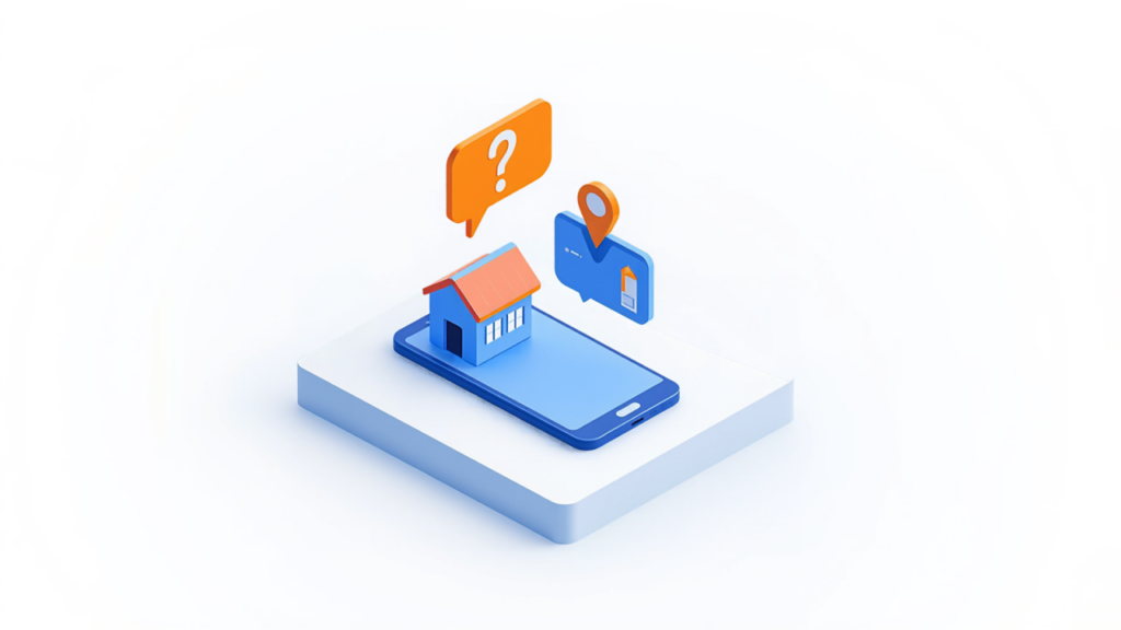 スマートフォンの上に店舗と吹き出し・地図ピンが浮かぶ、AIの回答と店舗情報をイメージしたイラスト