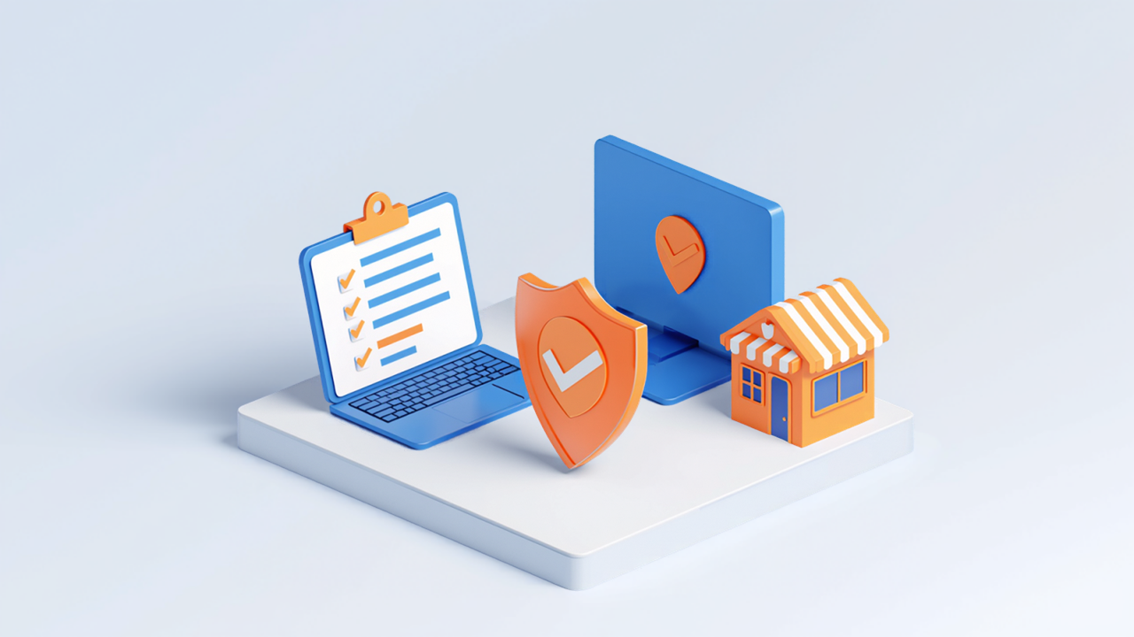 チェックリストとノートパソコンと盾と店舗が並ぶ、AIへのフィードバックのイメージイラスト
