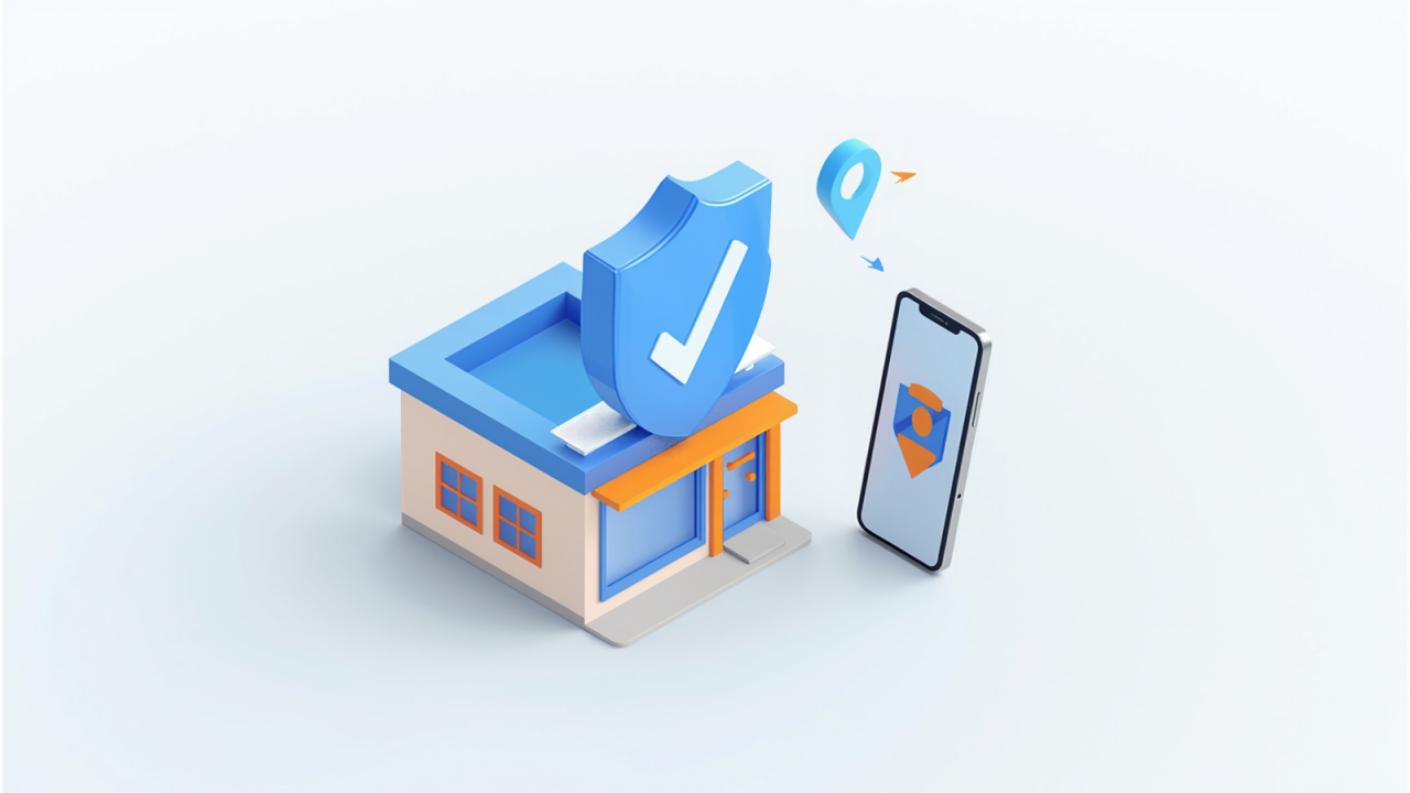 店舗の上に盾とチェックマークが浮かび、地図ピンとスマートフォンが並ぶ、被害の実態を知るイメージイラスト