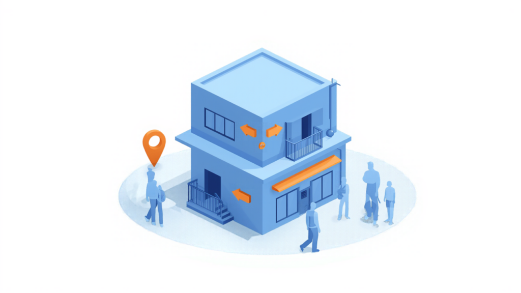 2階と地下に入口がある店舗ビルと、地図ピンや矢印の案内を表したイラスト