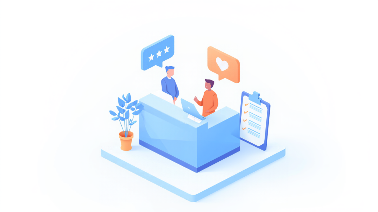 チェックリストを手にした店員と来店客が並ぶ、告知前の準備のイメージイラスト