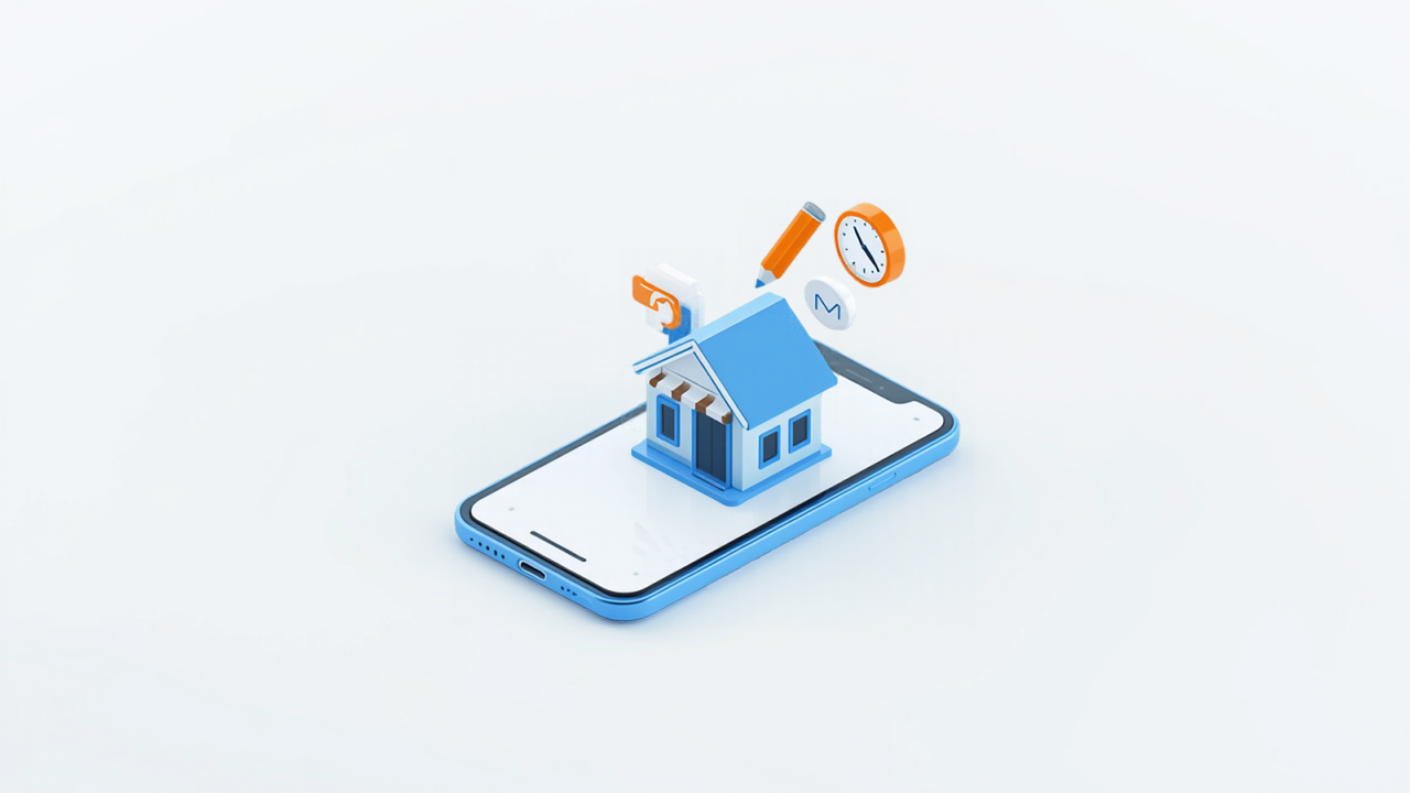 スマートフォンと店舗、注意を促す表示のイメージイラスト