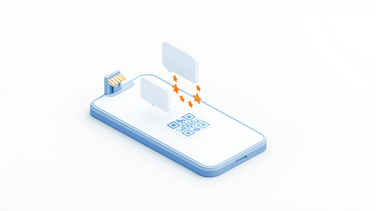 星とQRコードが表示されたスマートフォンと店舗のイメージイラスト
