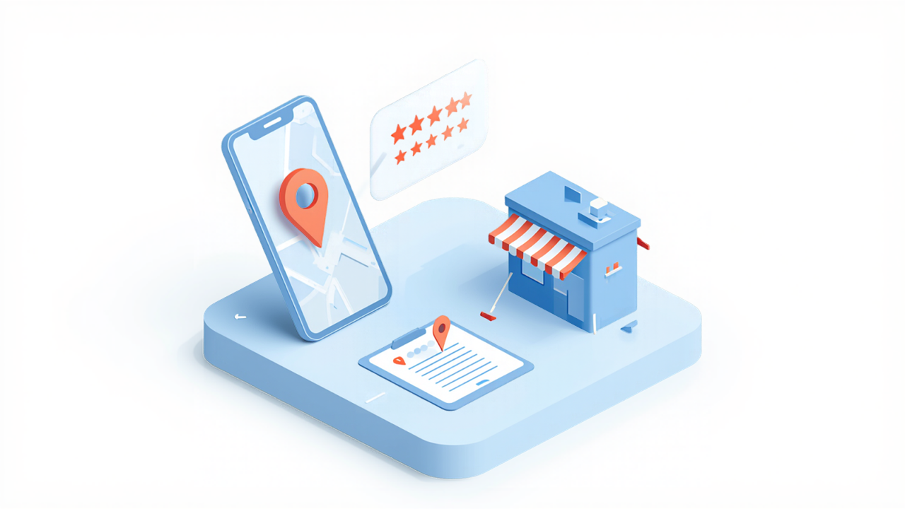 スマートフォンの地図と星の口コミ、店舗が並ぶ、口コミ運用のイメージイラスト