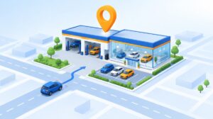地図ピンが立つ自動車整備工場と販売店に車が向かう様子のイラスト