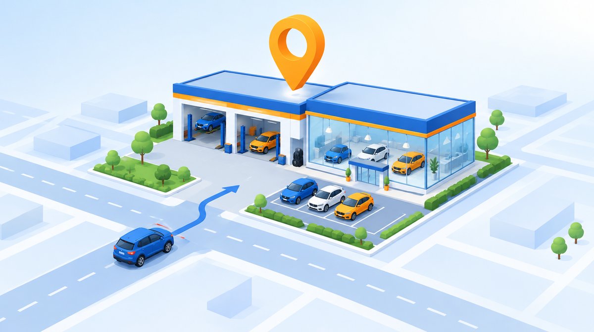 地図ピンが立つ自動車整備工場と販売店に車が向かう様子のイラスト