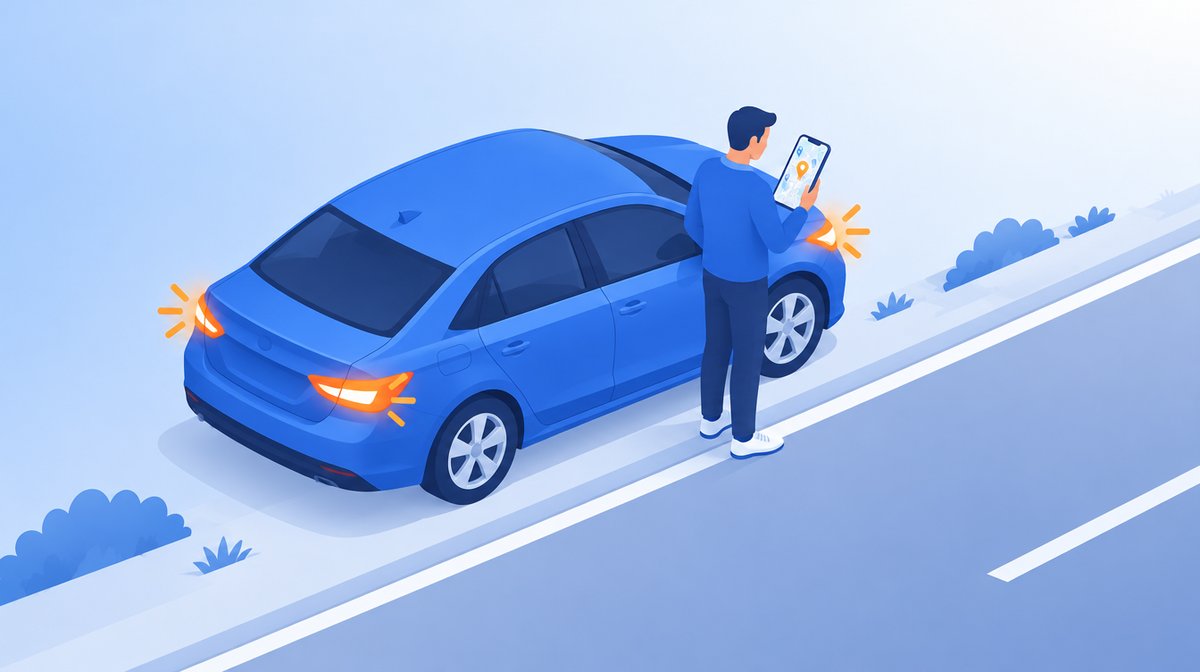 路肩に停めた車の横でスマートフォンの地図を見るドライバーのイラスト