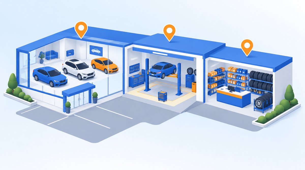 販売ショールーム・整備工場・部品売り場の3部門に分かれた自動車店舗のイラスト
