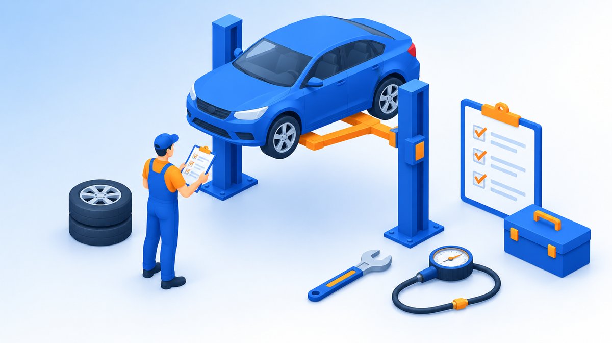 リフトで上げた車をチェックリストを持って点検する整備士のイラスト