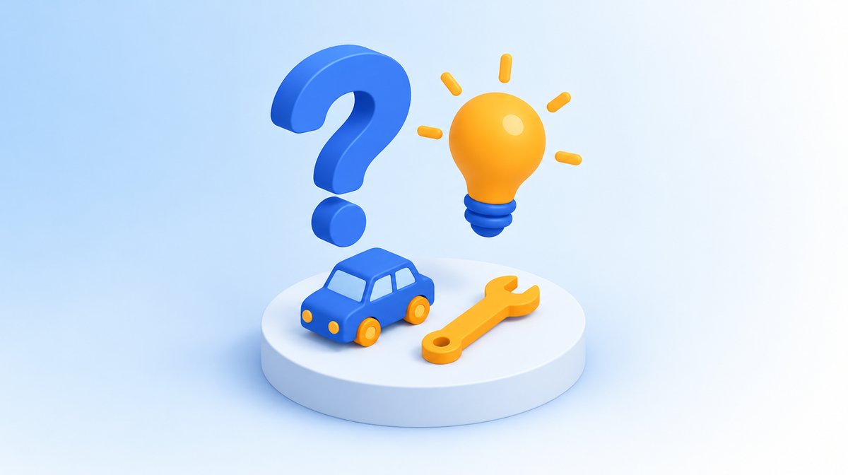 クエスチョンマークと電球、車の模型とレンチが並ぶよくある質問のイラスト