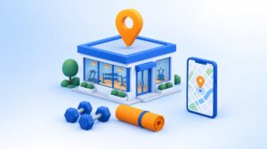 地図ピンが立つフィットネススタジオとスマートフォン、ダンベルとヨガマットのイラスト