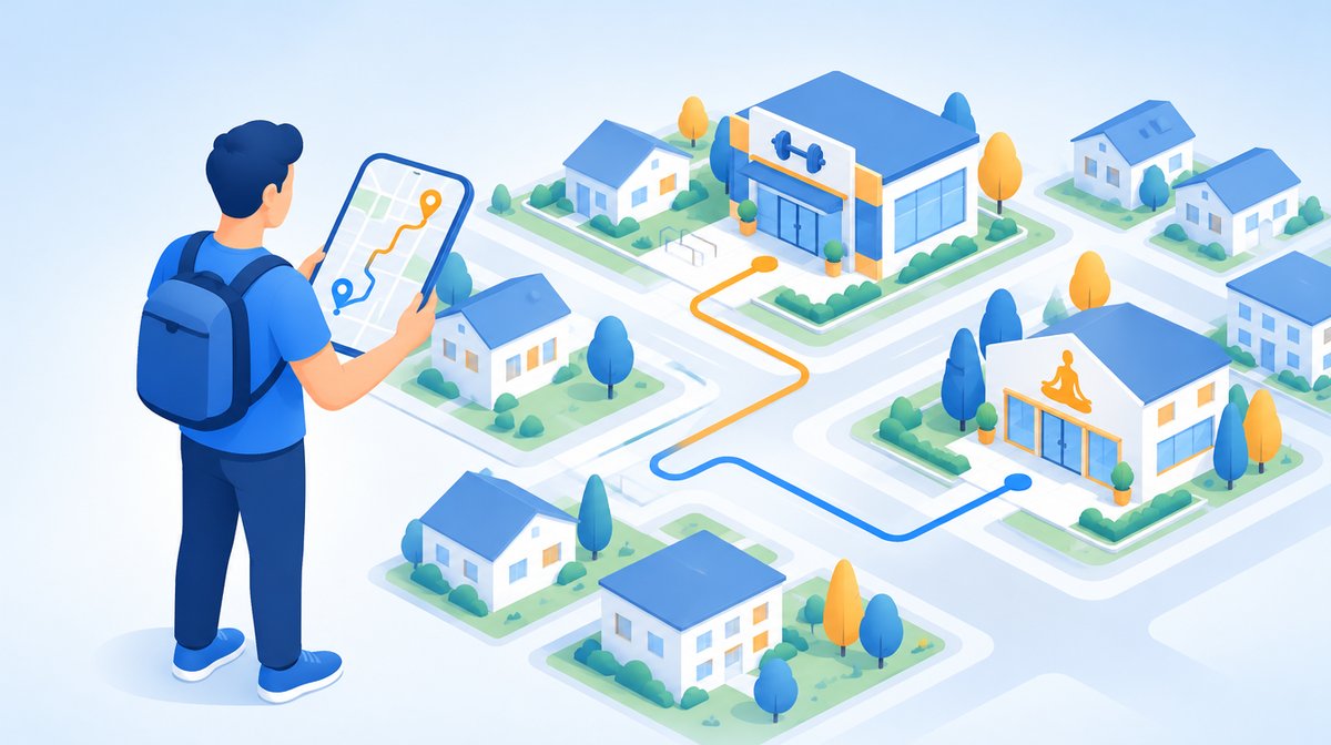 スマートフォンの地図を見ながら近くのジムとヨガスタジオを探す人のイラスト