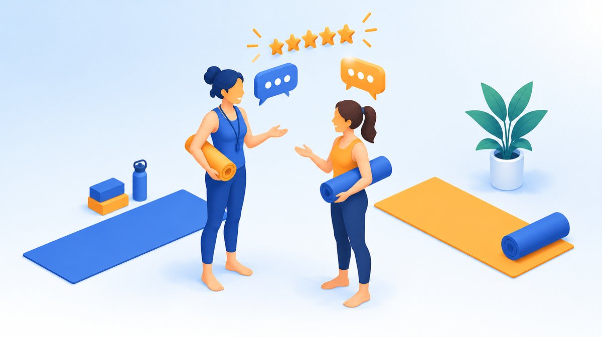 レッスン後に会話するインストラクターと会員、星評価と吹き出しのイラスト