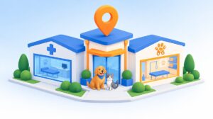 地図ピンが立つ動物病院とトリミングサロンの建物、入口の犬と猫のイラスト
