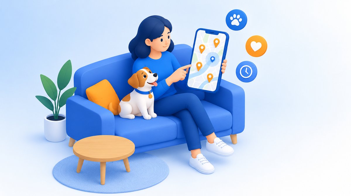 ソファで犬と過ごしながらスマートフォンの地図で近くのペットのお店を探す飼い主のイラスト
