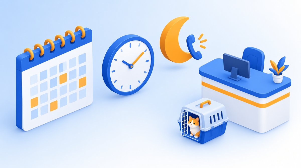 カレンダーと時計、夜間の電話、キャリーケースの猫が待つ受付のイラスト