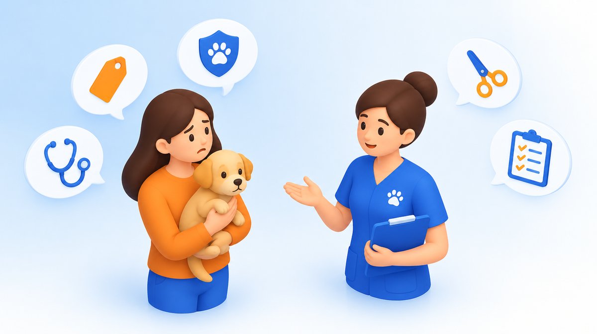子犬を抱いた飼い主の不安に、料金や安全などのアイコンを示しながらスタッフが答えるイラスト