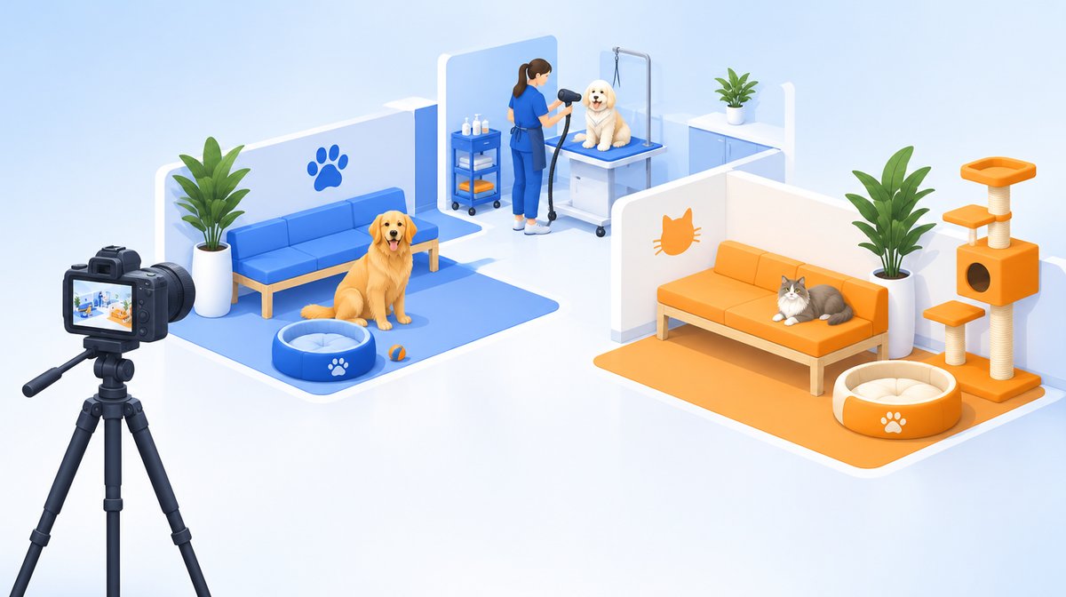 犬用と猫用に分かれた待合室とトリミング風景をカメラで撮影するイラスト