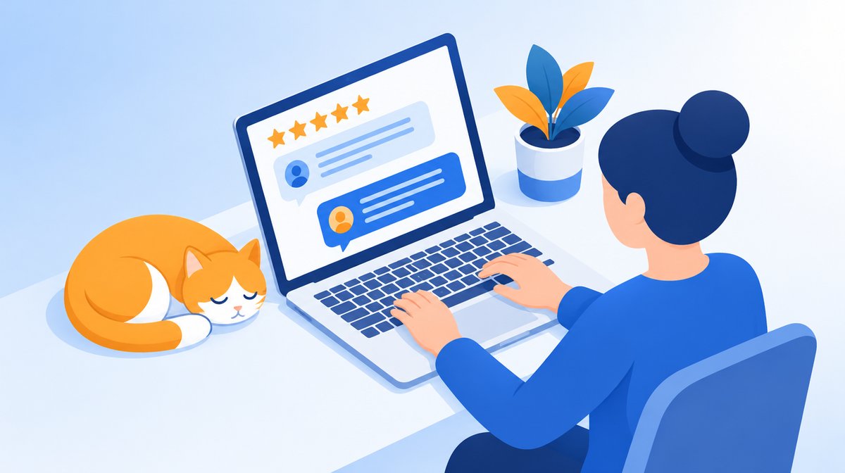 ノートパソコンで口コミに返信するスタッフと、そばで眠る猫のイラスト