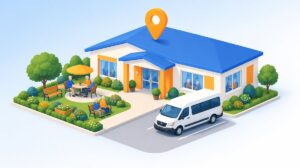 地図ピンが立つデイサービスの建物と送迎車、庭でくつろぐ高齢者のイラスト