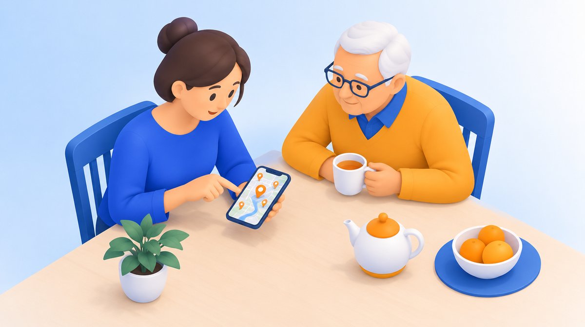 テーブルで父親と並び、スマートフォンの地図で近くの介護事業所を探す娘のイラスト