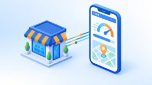 速度メーターと地図ピンが表示されたスマートフォンと店舗がつながるイラスト